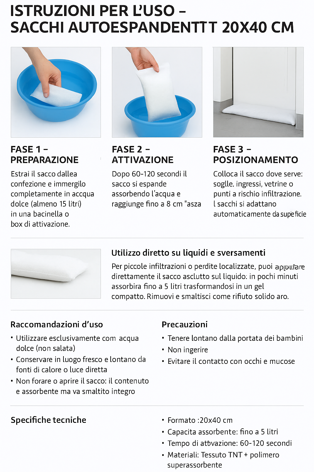 Istruzioni d'uso sacchi autoespandenti Aquablock 20x40